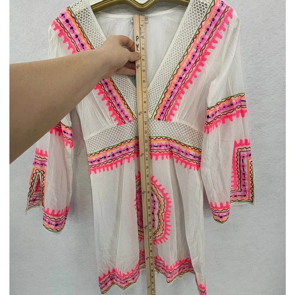 Debbie Katz Cover Up Mini Dress XS White Pink Summer Boho Beach Vacation - Picture 11 of 14